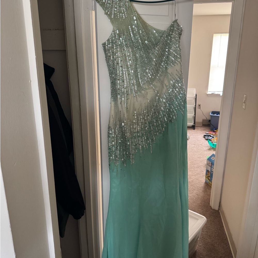 Asymmetrical Green Embellished Prom Gown